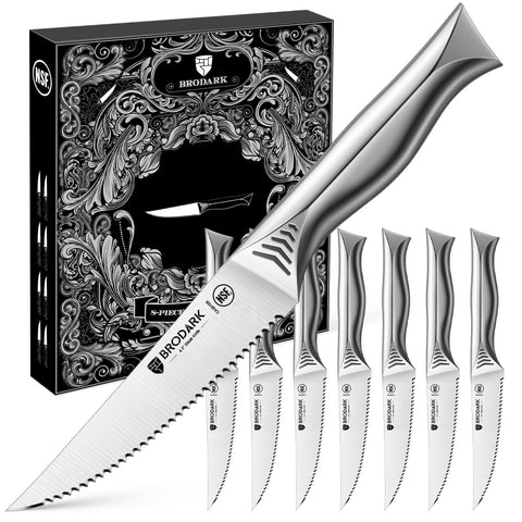 BRODARK steak knives with 4-5 inch serrated blades for effortless meat slicing.