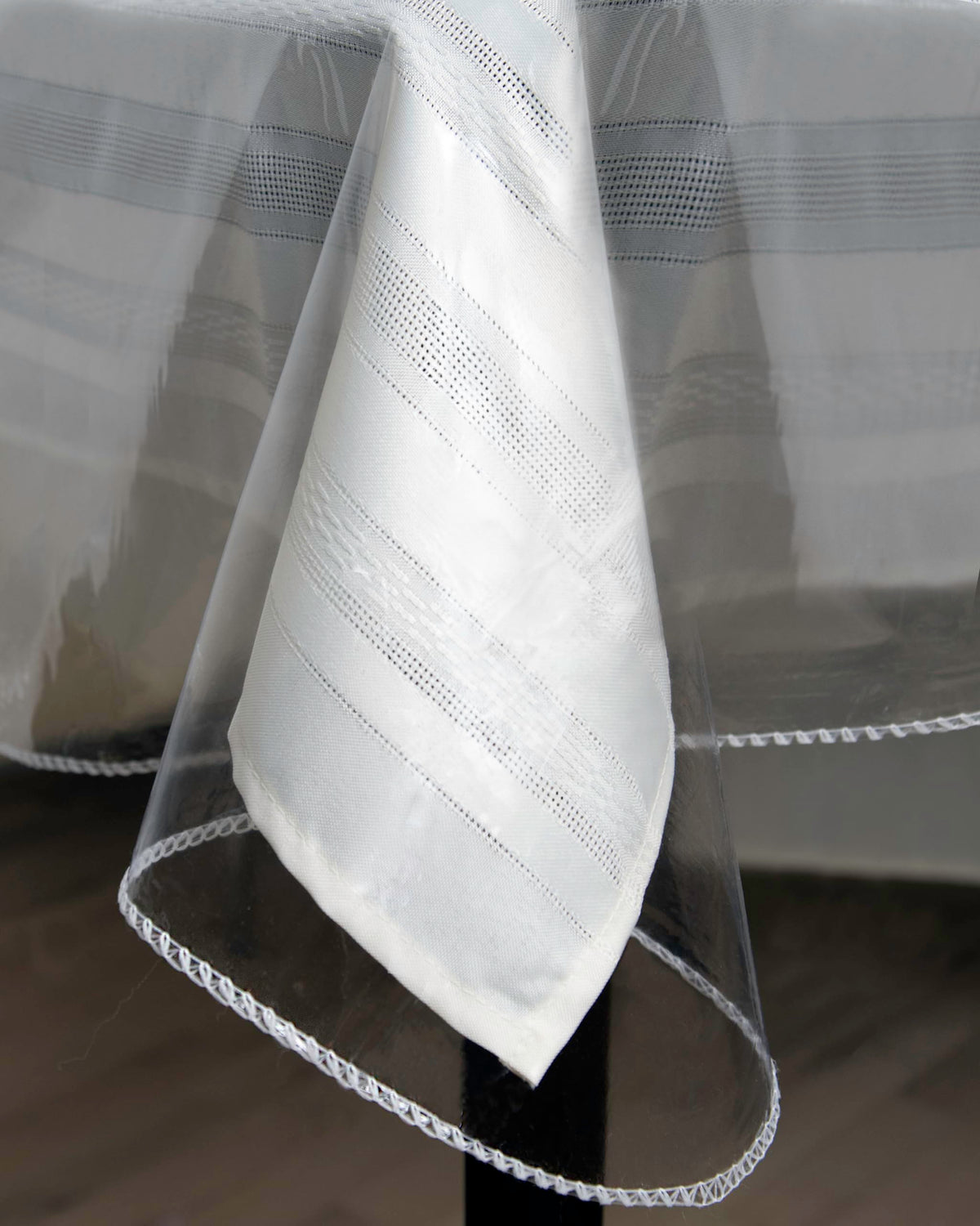 BRODER MFG. INC tablecloth protector crystal clear top view showing protected table surface.