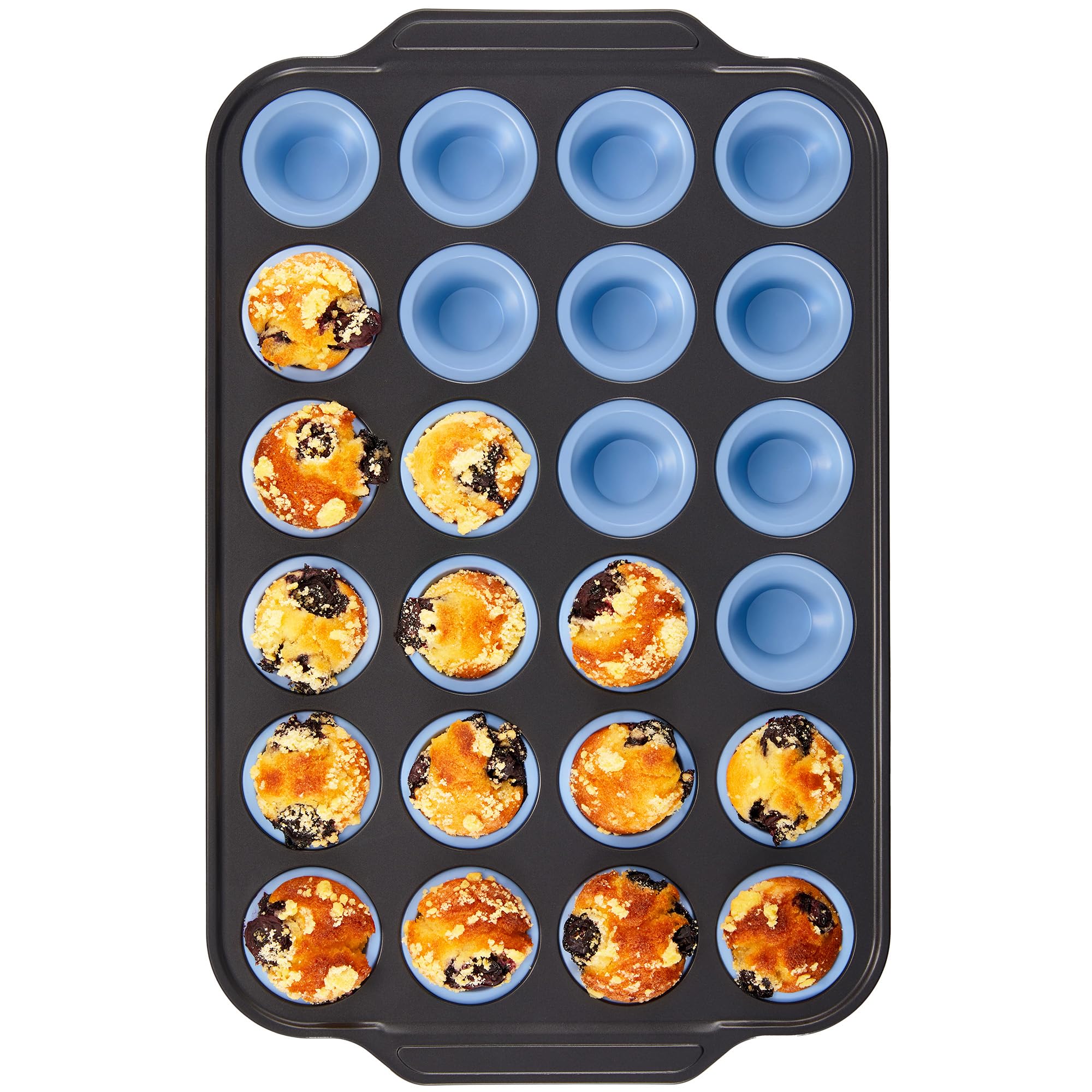 Bronypro silicone mini muffin pan with metal frame for easy release muffins.