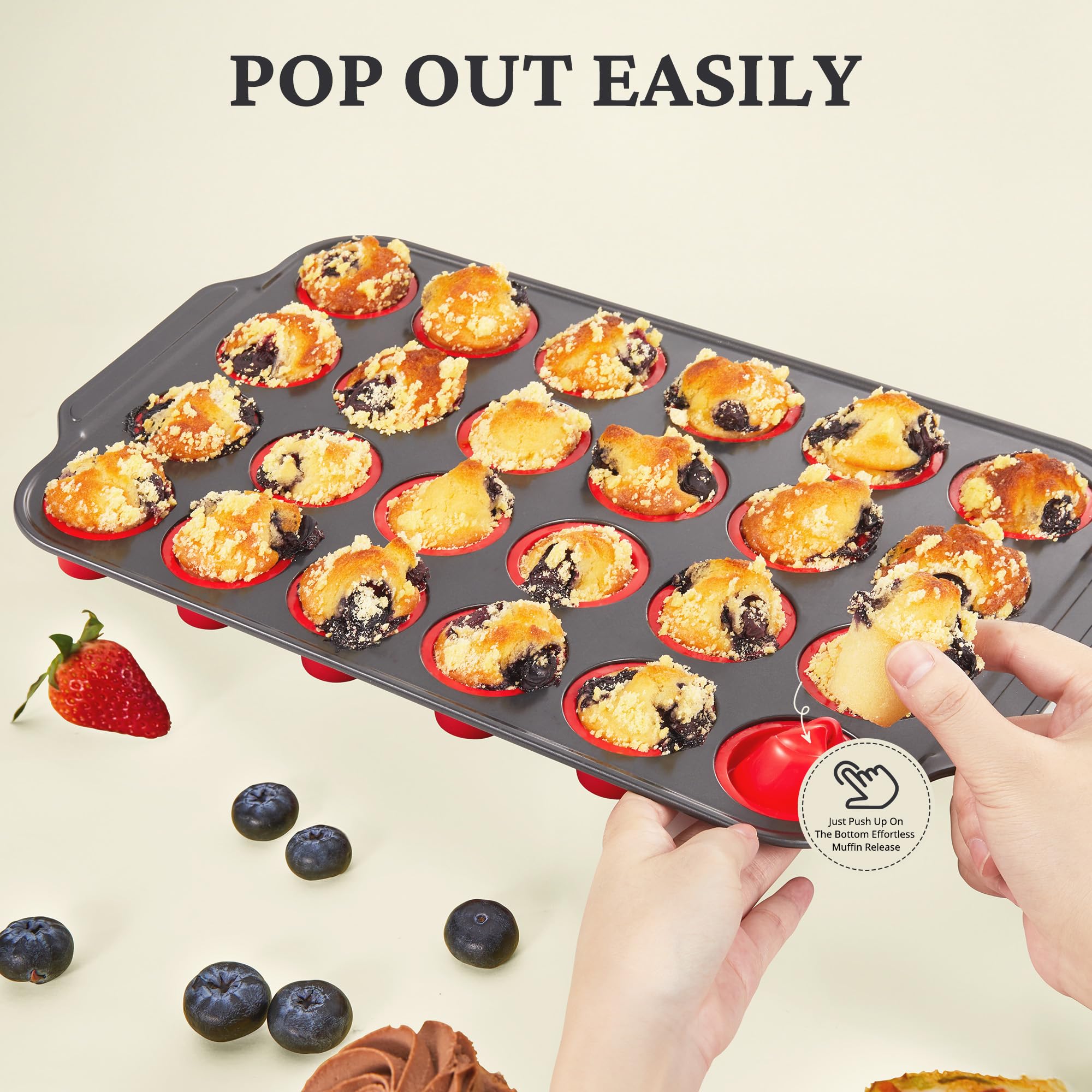 Bronypro silicone mini muffin pan nonstick cups close-up highlighting release.