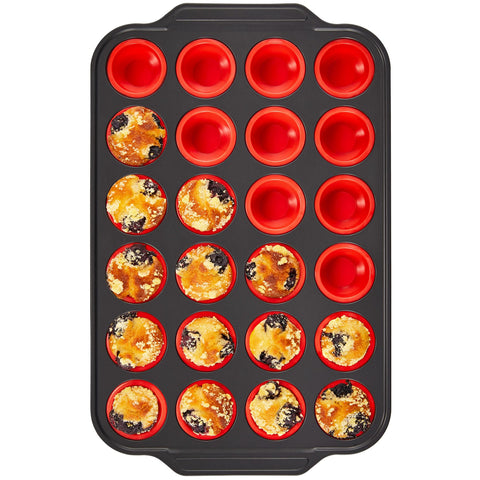 Bronypro silicone mini muffin pan with red frame front for easy bakeware release.
