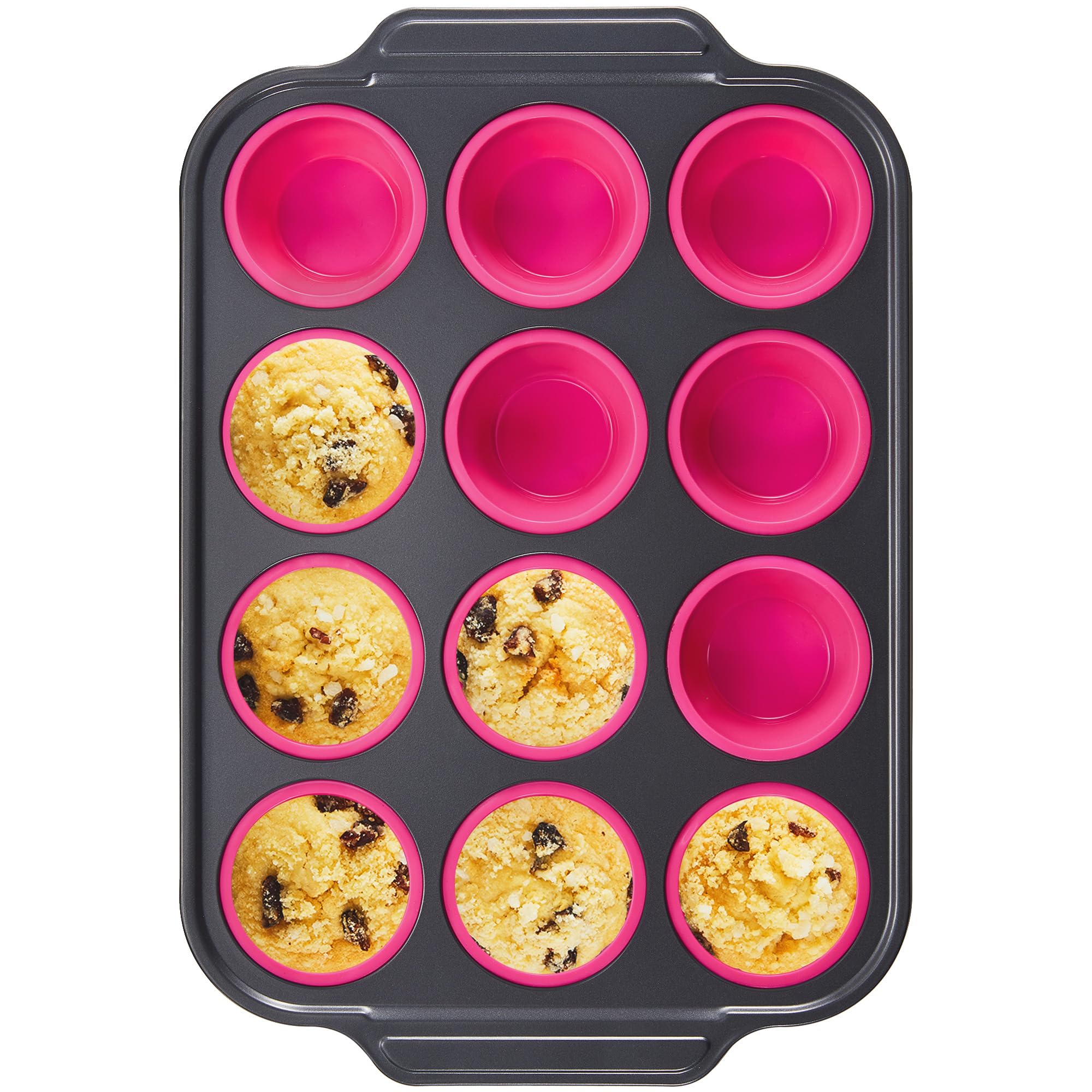 BronyPro silicone muffin pan with rose-pink metal frame showing easy pop-out muffins.