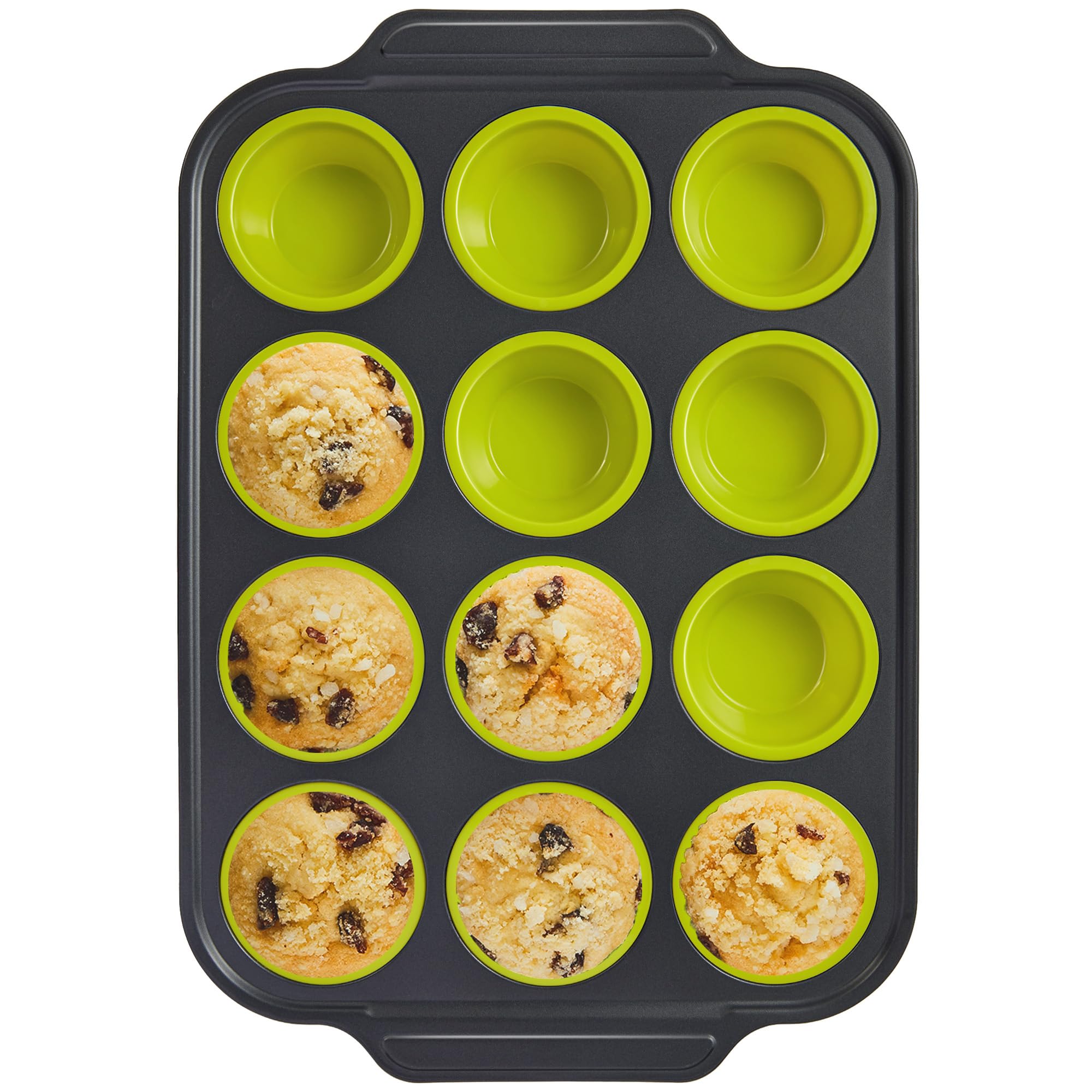 BRONYPRO lime green silicone muffin pan with metal frame for easy release muffins.