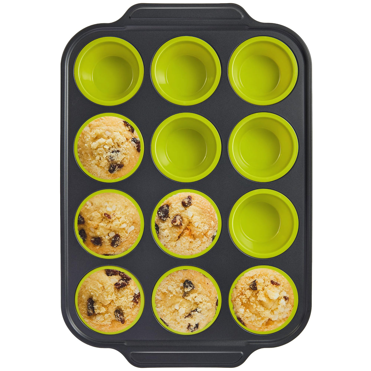 BRONYPRO lime green silicone muffin pan with metal frame for easy release muffins.