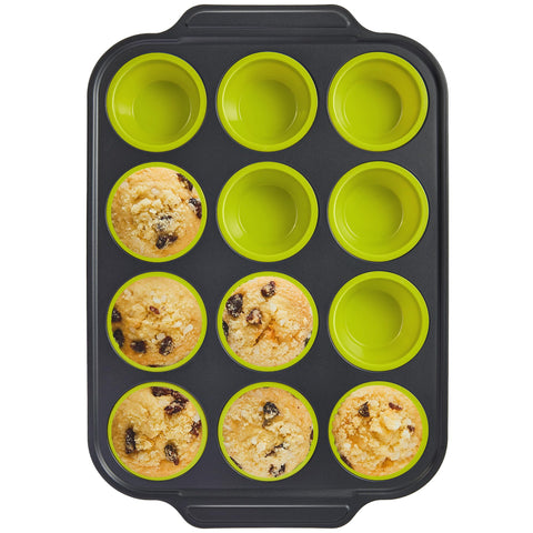 BRONYPRO lime green silicone muffin pan with metal frame for easy release muffins.