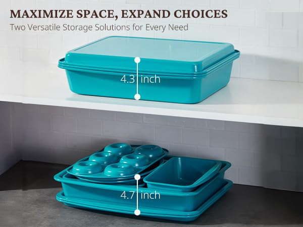 BRONYPRO stackable bakeware saves cabinet space and simplifies storage.