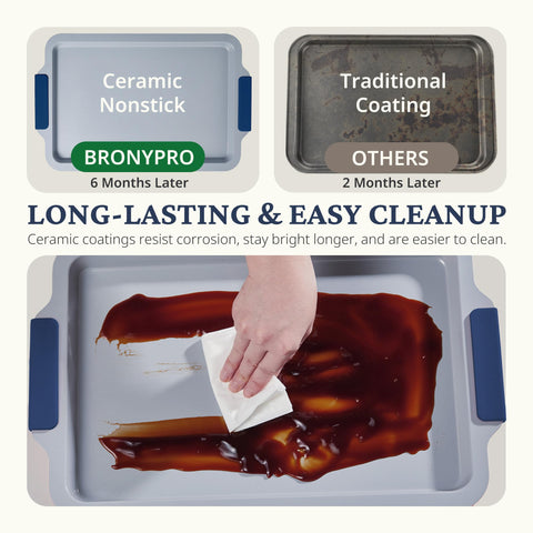BronyPRO stackable baking sheets save cabinet space for easy storage.