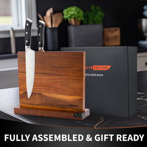 Magnetic blades linger securely for quick access during prep.