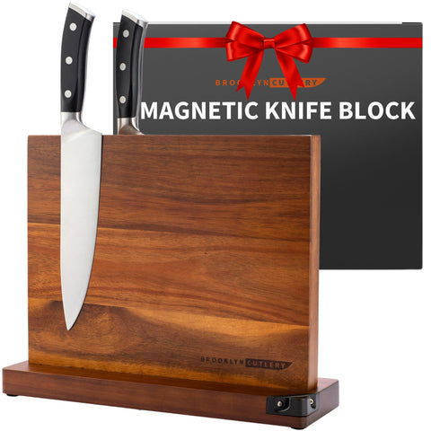 Brooklyn Cutlery magnetic knife block in acacia wood keeps knives organized on the counter.