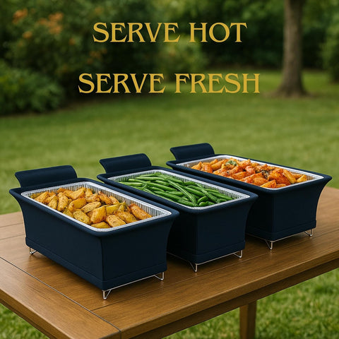 Brooklyntrend outdoor wedding buffet protection keeps foods warm and polished.