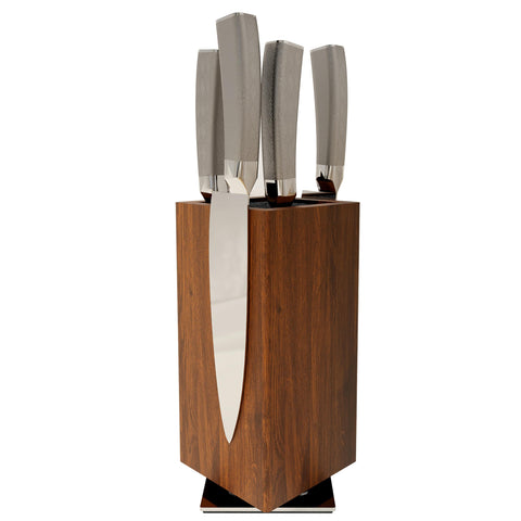 Brosisincorp 360° rotating magnetic knife block on acacia wood enables quick, safe counter access