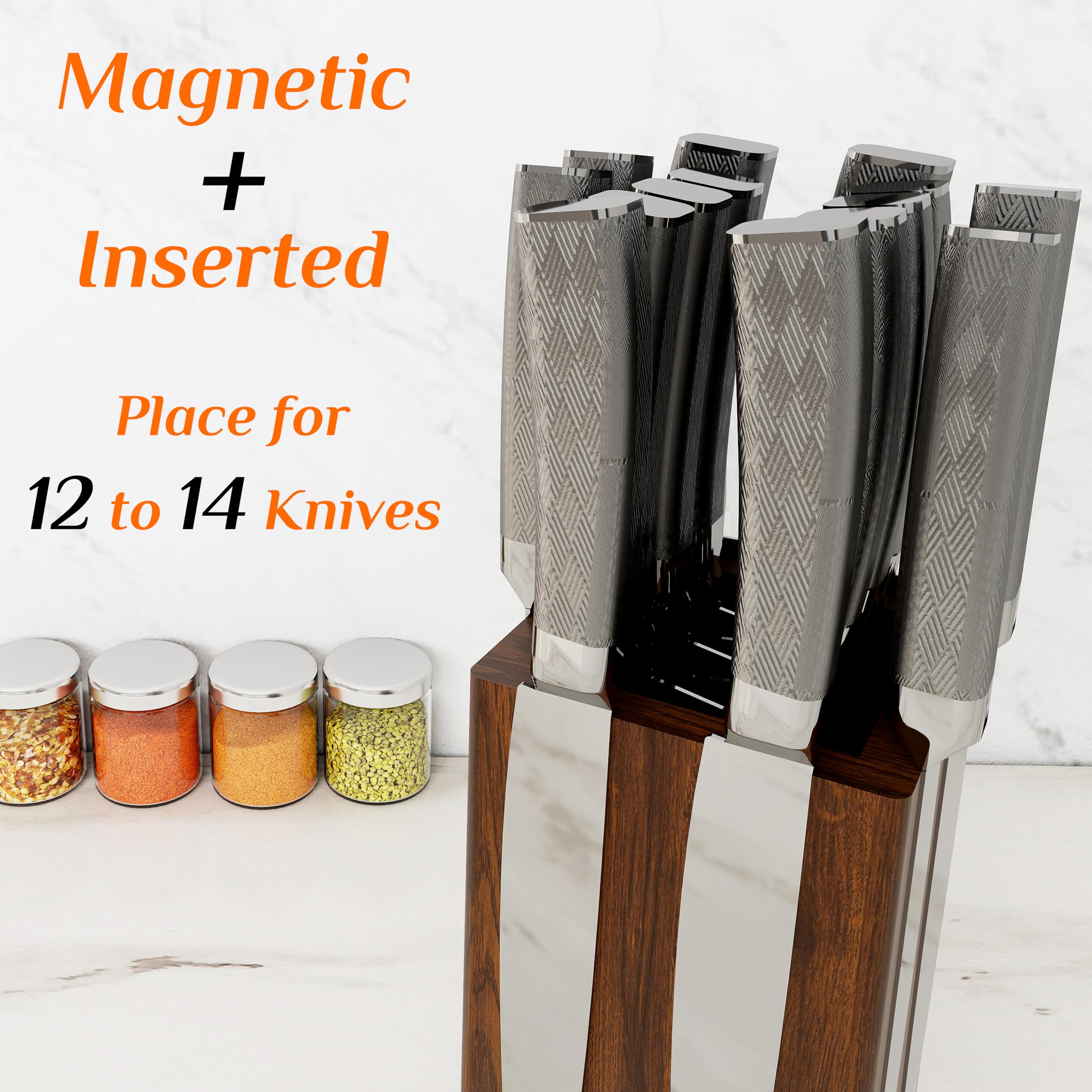 Anti-slip stainless steel base stabilizes the Brosisincorp knife block