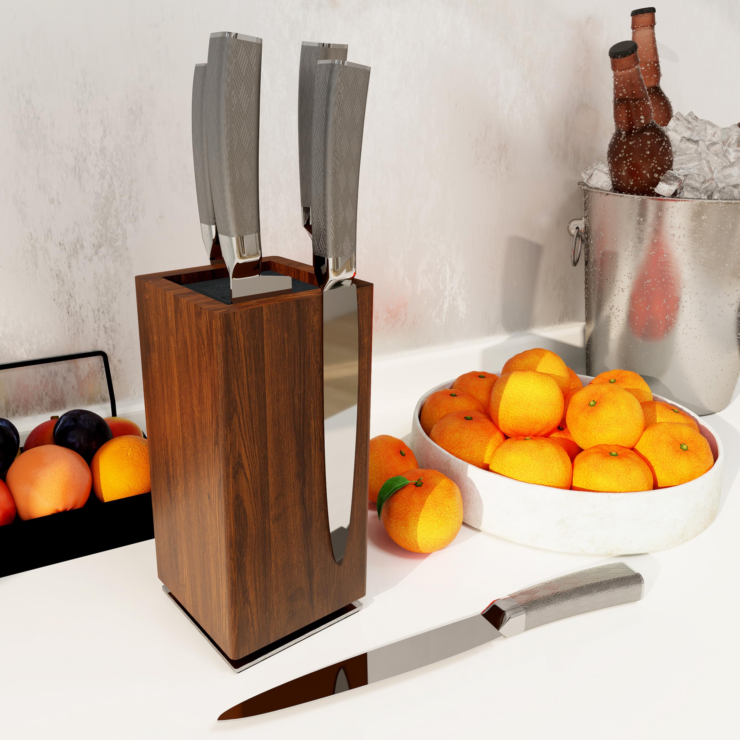 Countertop view showing Brosisincorp knife block on a kitchen counter