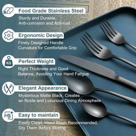 BRIOUT matte black dinner spoons with smooth surfaces and durability.