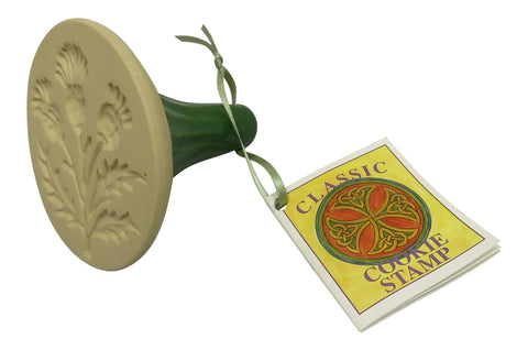 Brown Bag Thistle cookie stamp closeup highlights detailed handle for precise stamping