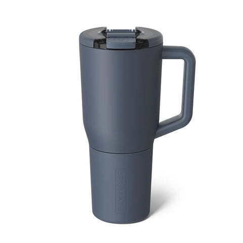 BrüMate Müv 35oz Nightfall Blue lid demonstrates leak-proof travel usability.
