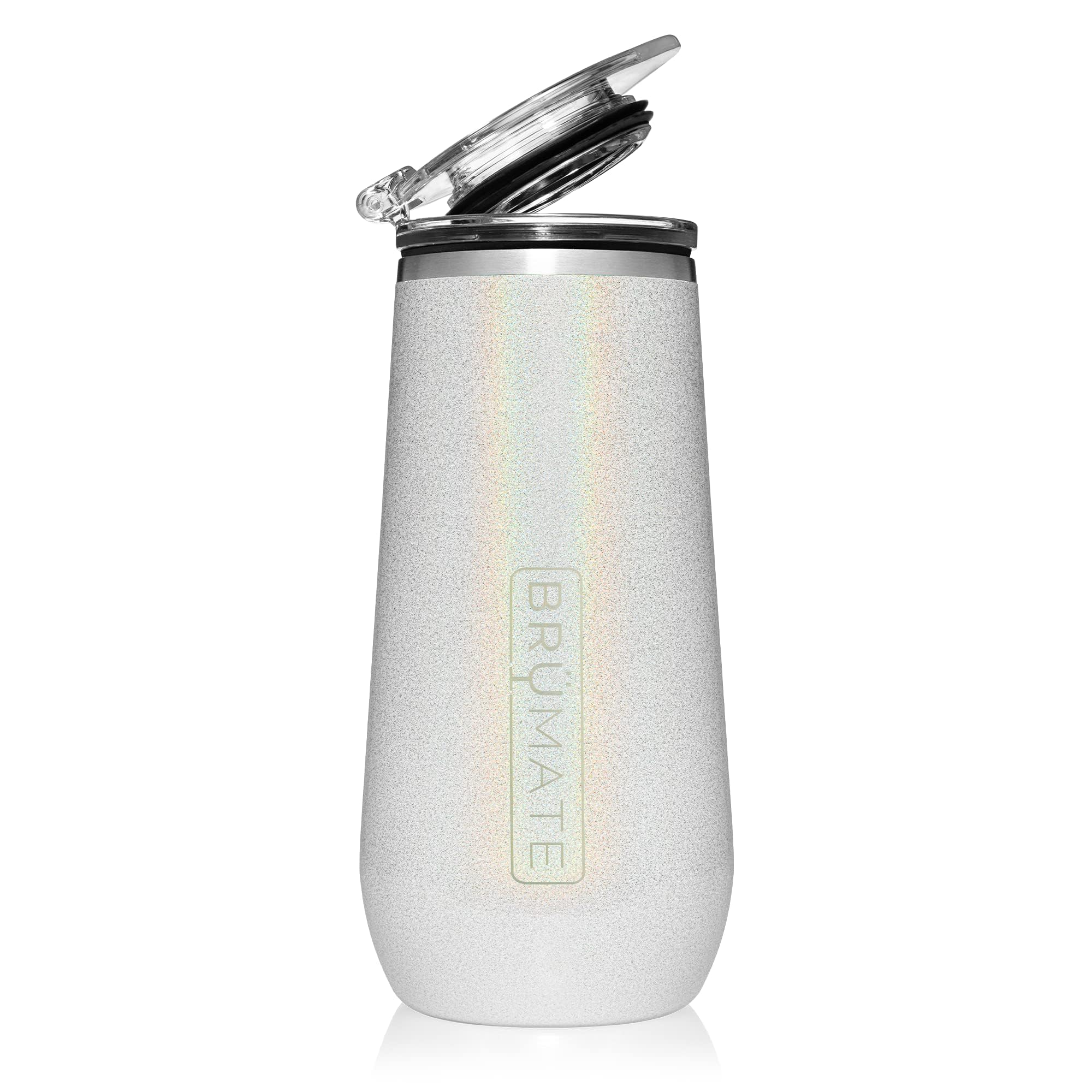 BrüMate 12oz flute glitter white with pour-ready design preserves bubbles longer