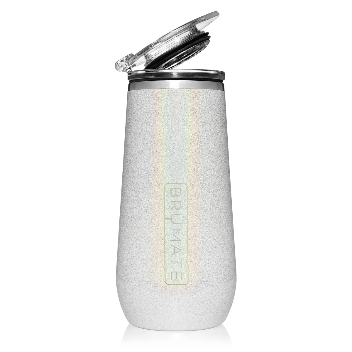 BrüMate 12oz flute glitter white with pour-ready design preserves bubbles longer