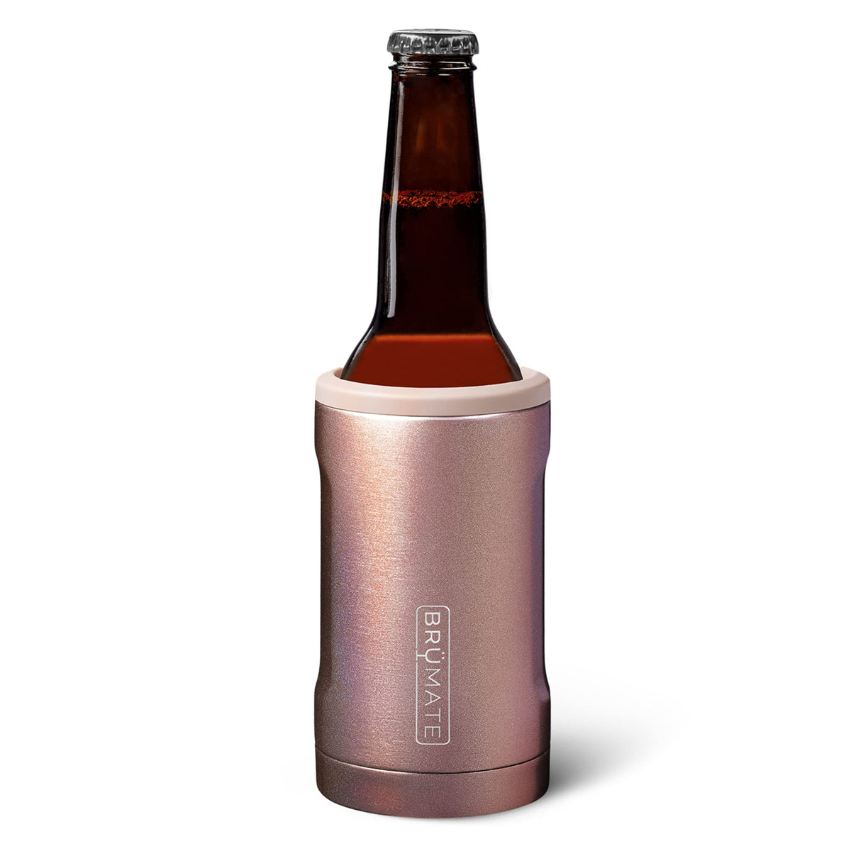 BrüMate BOTT’L glitter rose gold held, showing cold beer on the go.