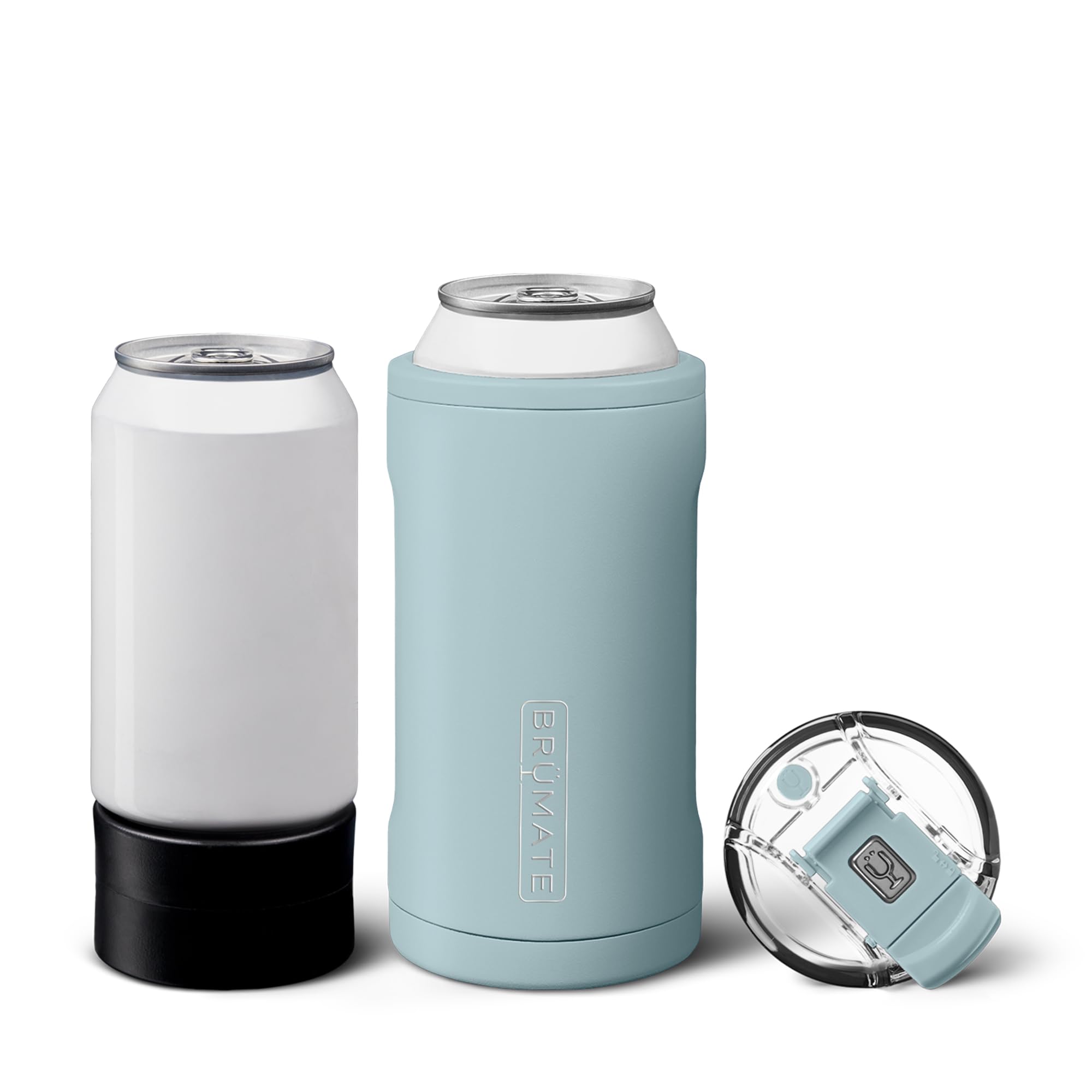 BrüMate Hopsulator Trio assembly view highlights 3-in-1 versatility for cans, bottles, and tumblers.