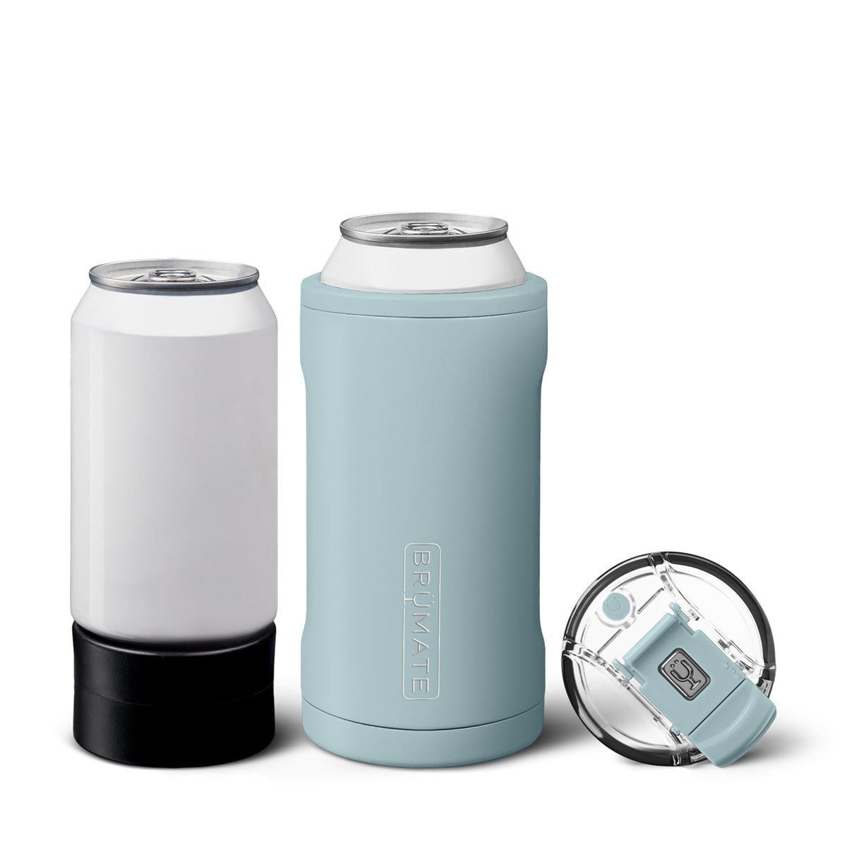 BrüMate Hopsulator Trio assembly view highlights 3-in-1 versatility for cans, bottles, and tumblers.