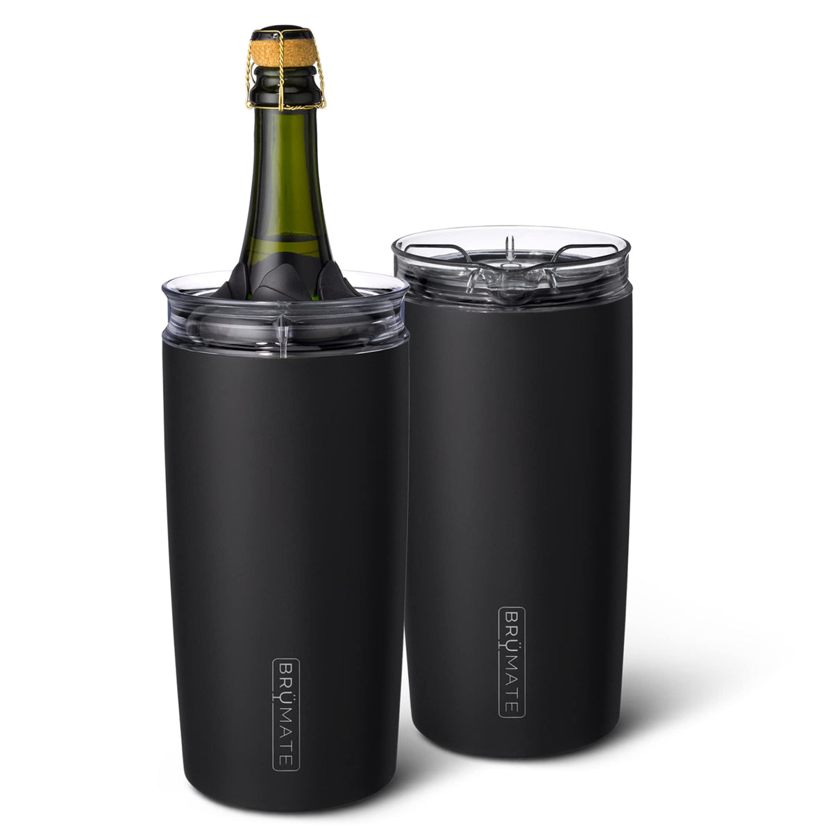 BrüMate Togosa two-in-one wine chiller lid shown on mat black bottle setup for cooling