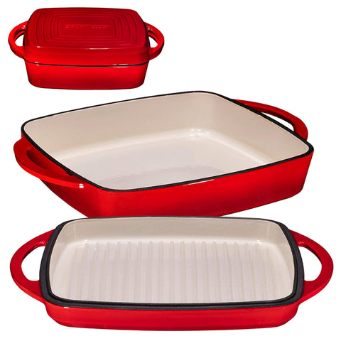 Bruntmor 2-in-1 square enameled cast iron Dutch oven baking pan ideal for roasting and baking.