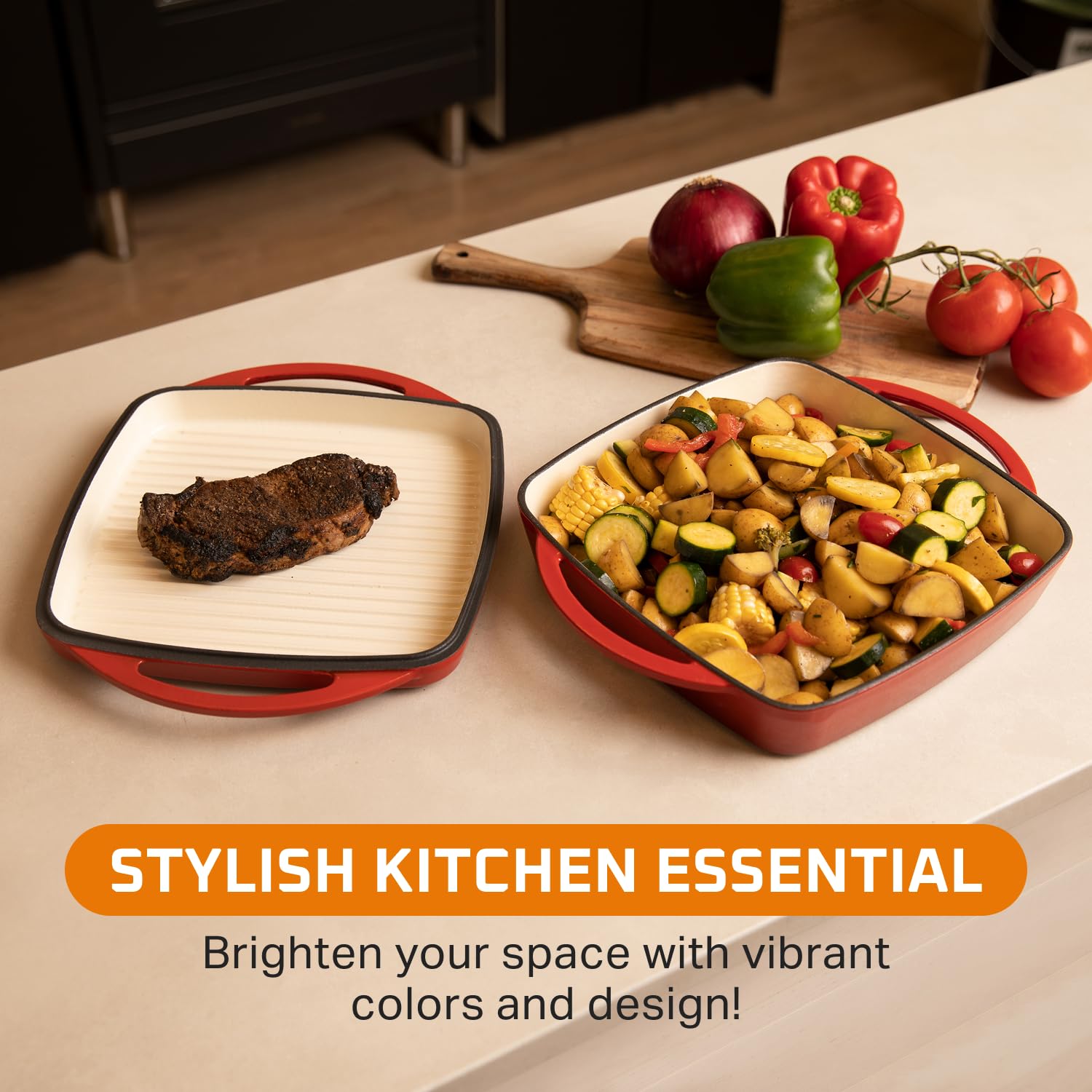 Bruntmor gridle lid with dual handles enhances searing and easy transfer from stove.