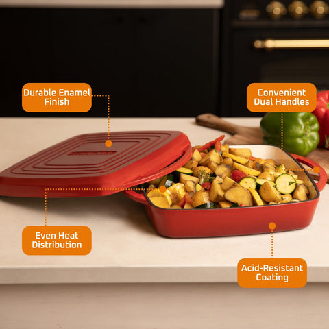Bruntmor vibrant red enamel finish adds style and durability to everyday cooking.