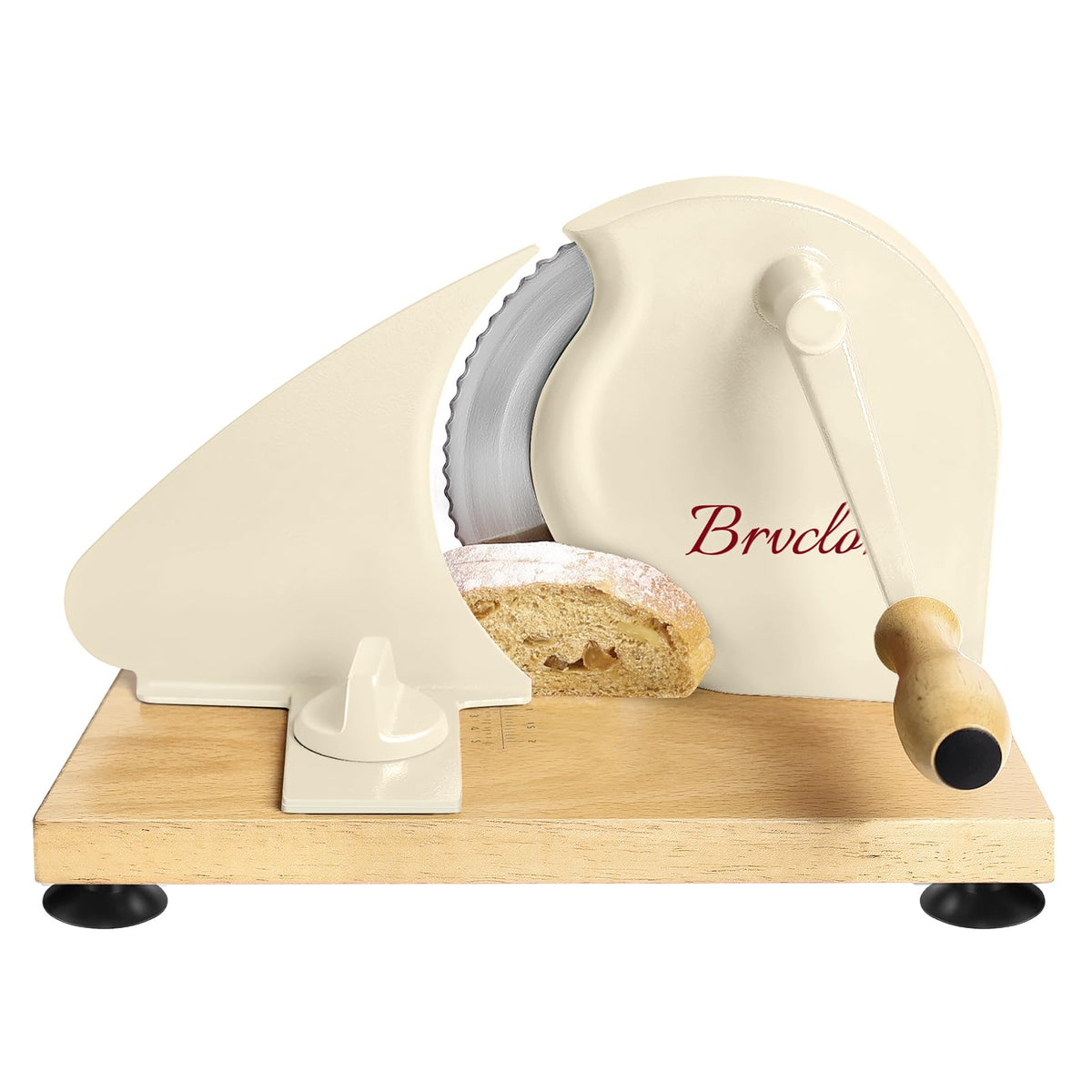Brvclon manual bread slicer front view with adjustable thickness scale for precise cuts.