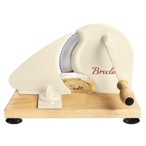 Brvclon manual bread slicer front view with adjustable thickness scale for precise cuts.