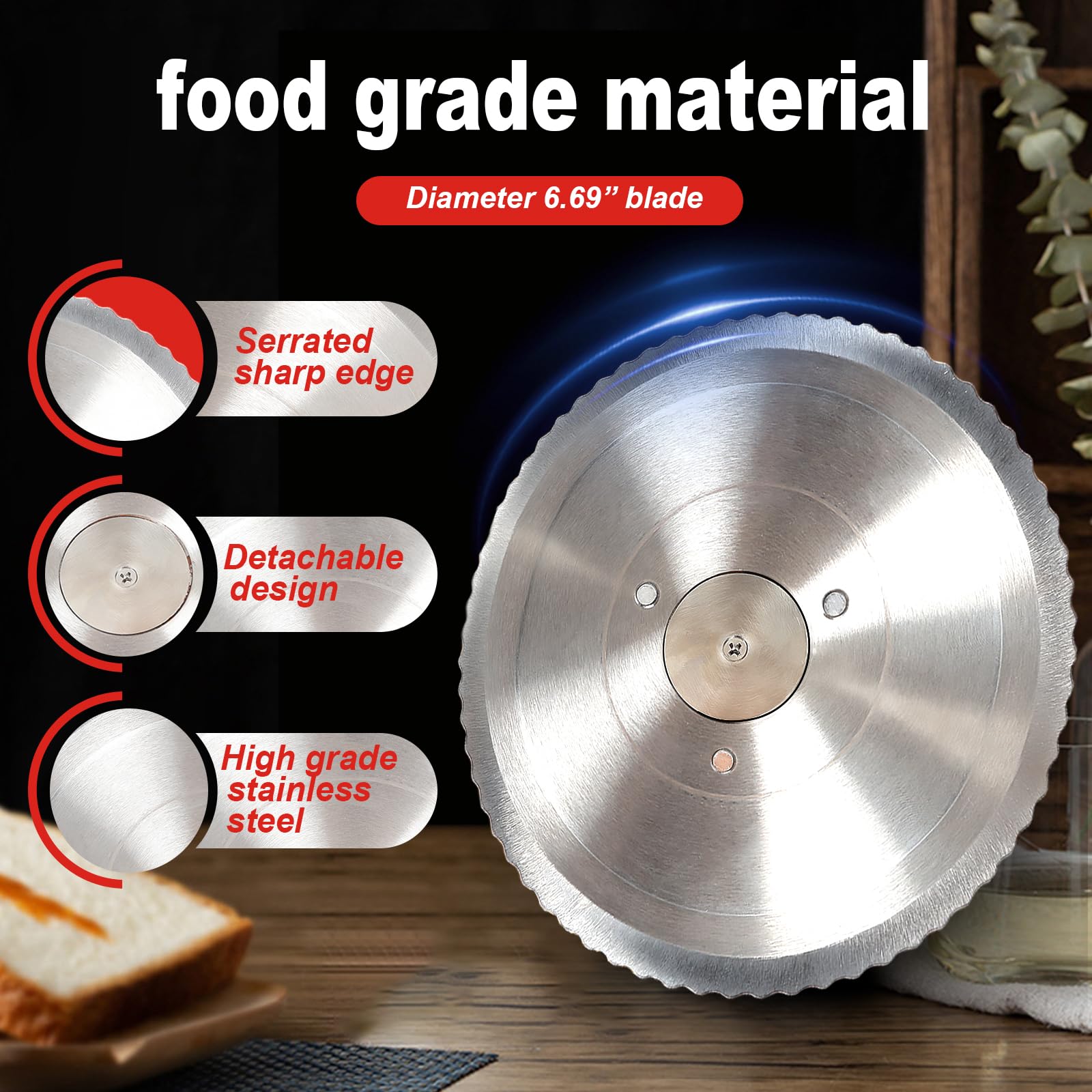 Brvclon slicer features serrated blades for clean cuts on crusty loaves