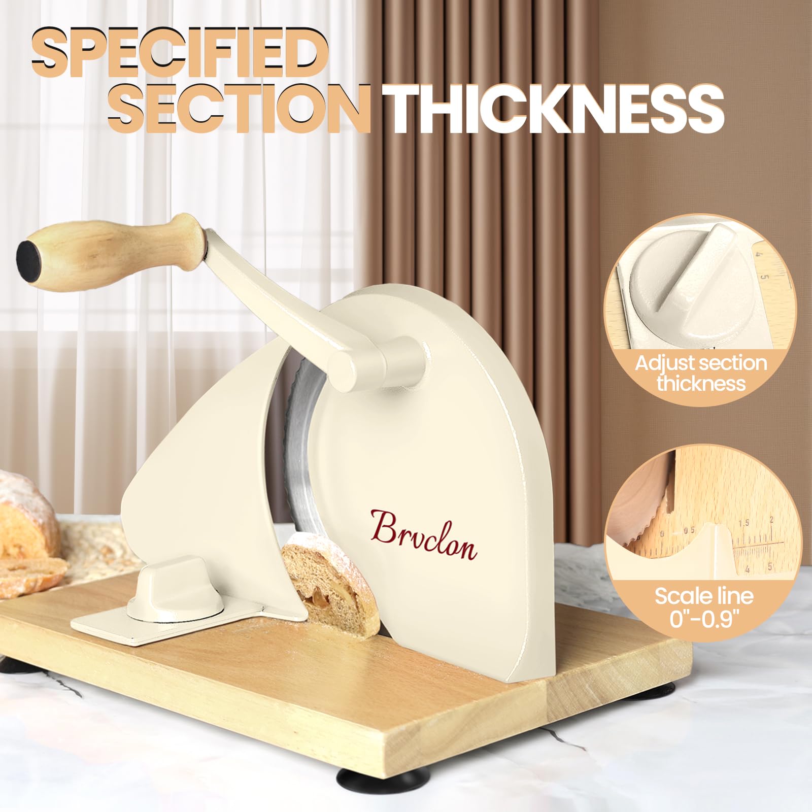 Brvclon manual bread slicer side view showing hand crank for effortless slicing.
