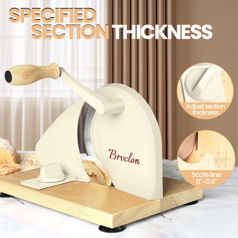 Brvclon manual bread slicer side view showing hand crank for effortless slicing.