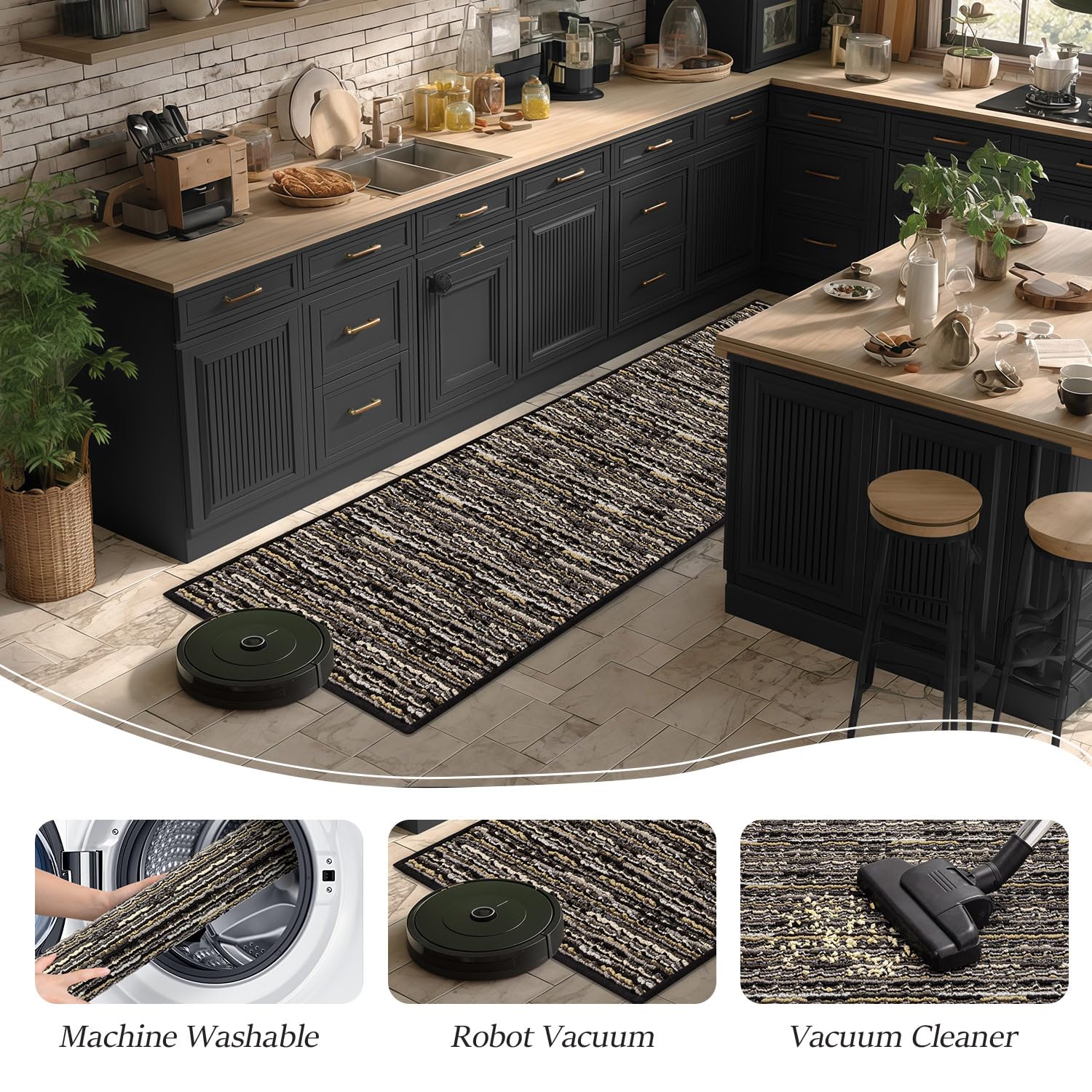 BSICPRO kitchen rug set2 is machine washable for quick cleanup.