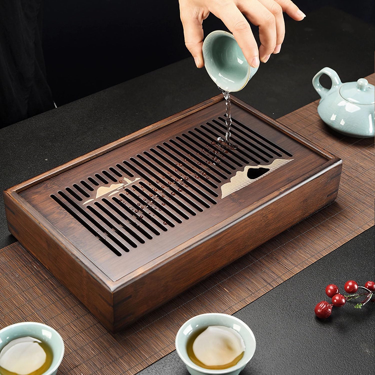 Bsigo Bamboo Tea Tray 30x18 cm size fits 2–3-person Gongfu tea service.
