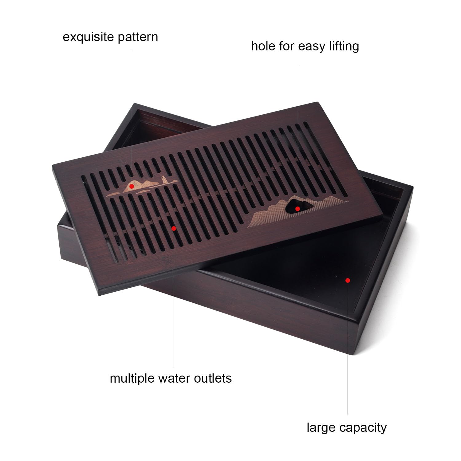 Bsigo Bamboo Tea Tray hollow grid drainage design drains quickly for a tidy tea session.