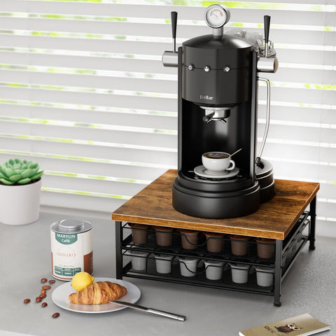 Top-view shows the two-tier drawer for easy pod access.