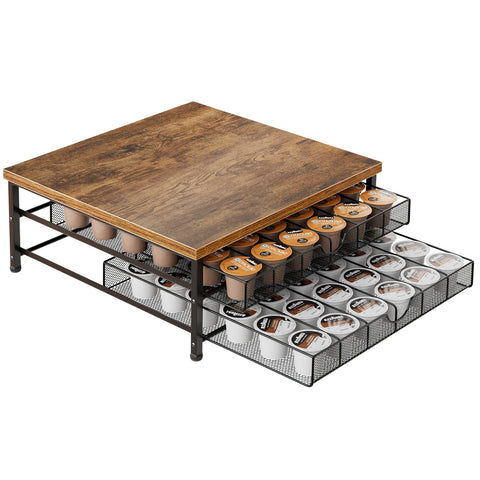 BSTSLL coffee pod holder with wood top and metal frame for sturdy counter storage.