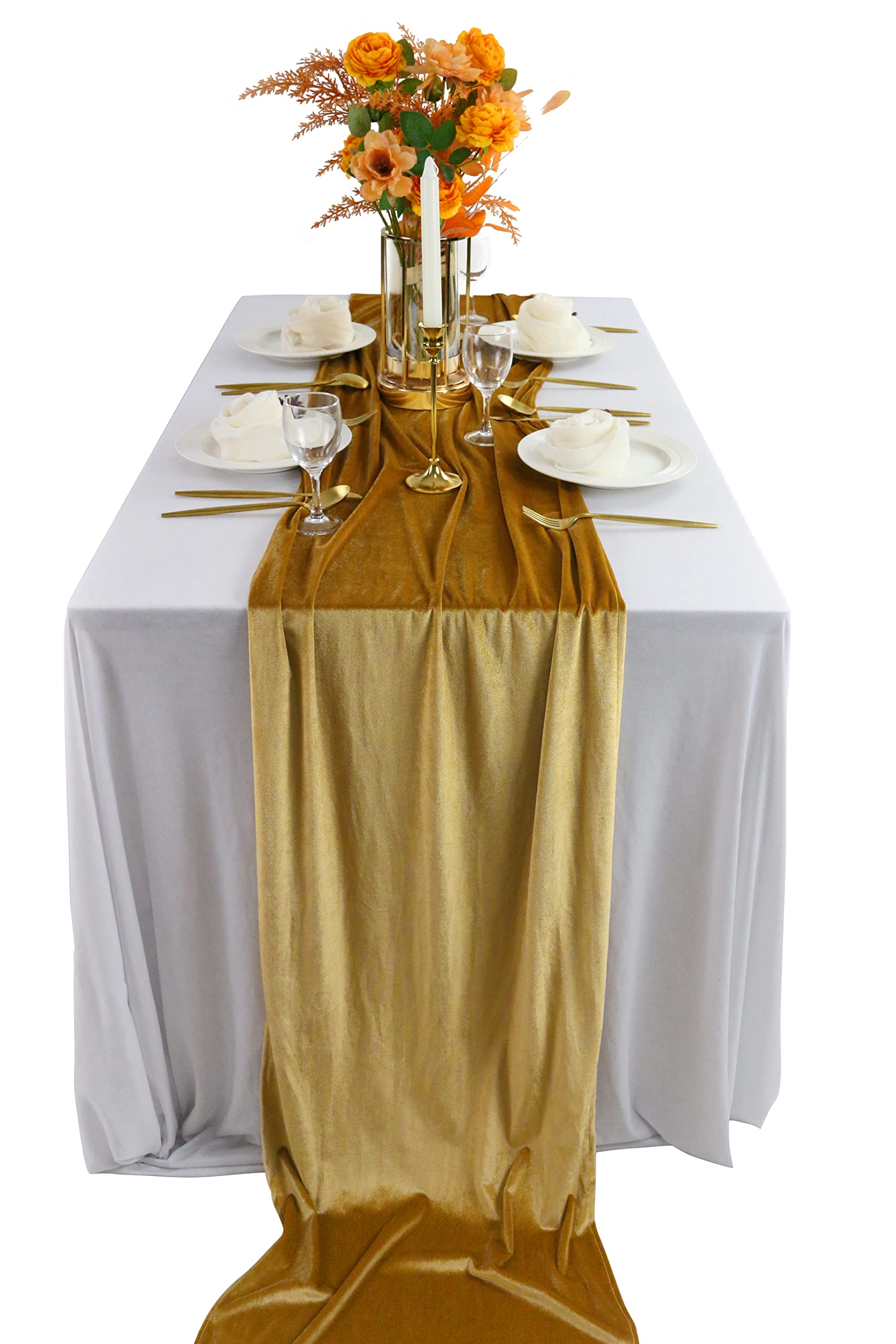 BTF Home velvet table runner in gold drapes elegantly on a 20x120 inch table.