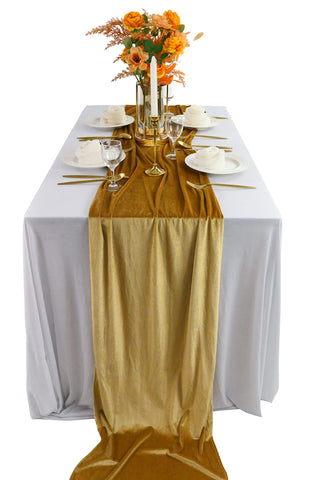BTF Home velvet table runner in gold drapes elegantly on a 20x120 inch table.