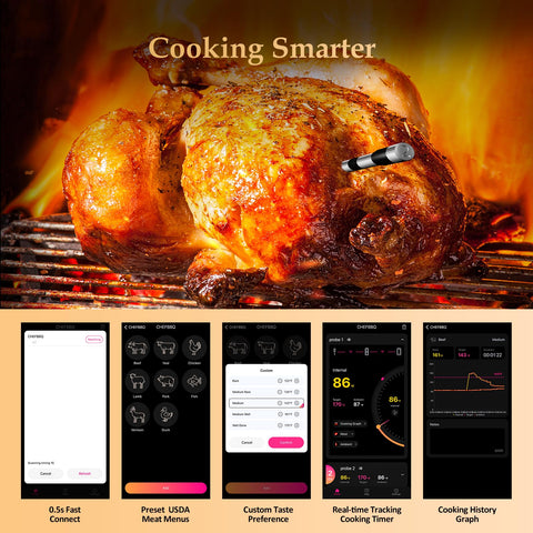 Bthebbqer 800FT ambient and meat temperature readings in real time.