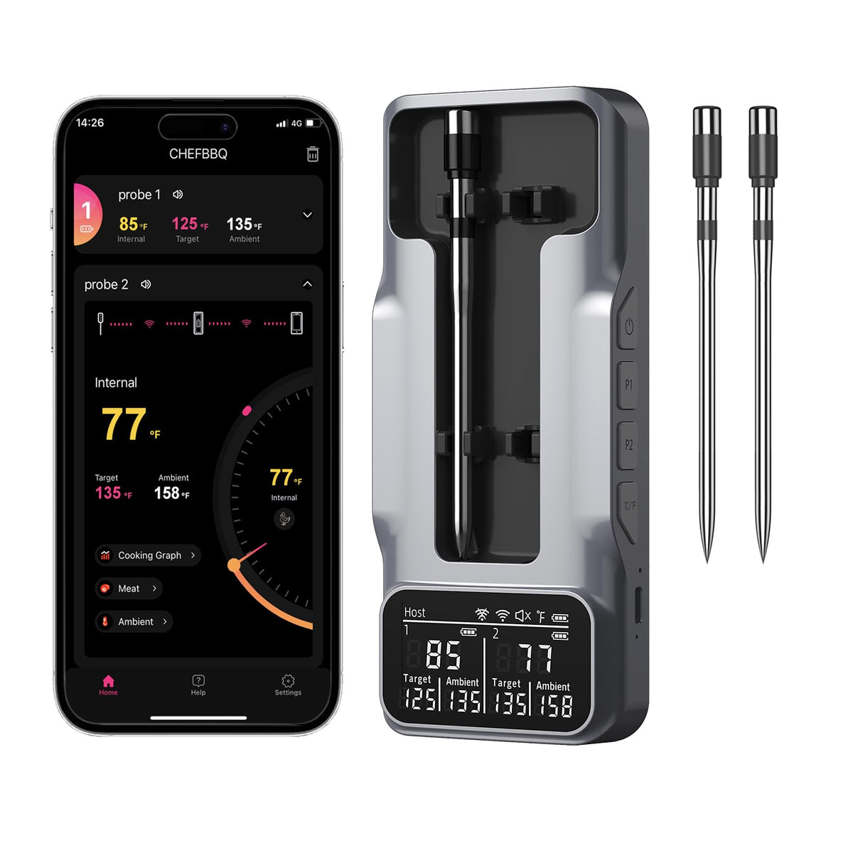 Bthebbqer 800FT thermometer on grill for precise cooking control.