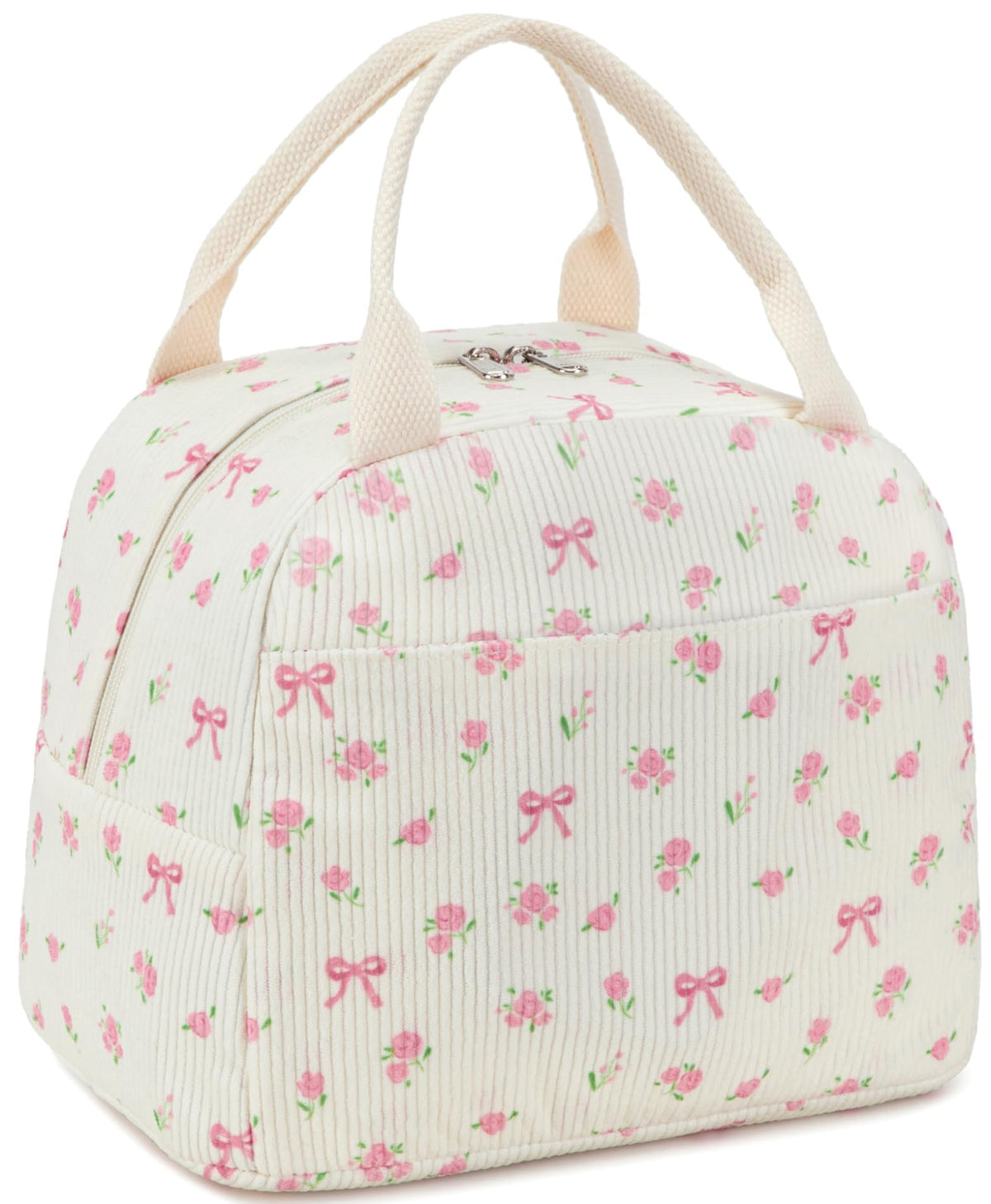 BTOOP lunch box front view with pink bow floral design, ideal for work and travel