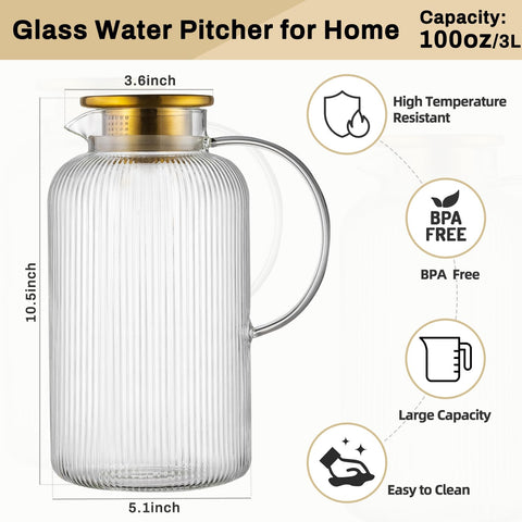 Buaic pitcher with classic vertical stripes adds table elegance.