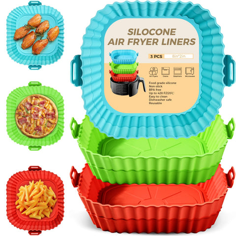 Buauty 3-pack silicone liners for 8-inch air fryers, reusable and non-stick.