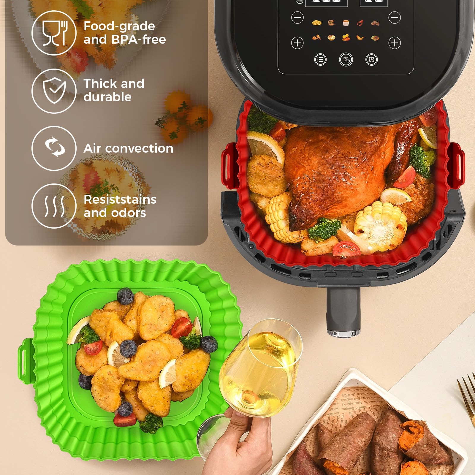 Buauty air fryer liner with side handles for safe removal.