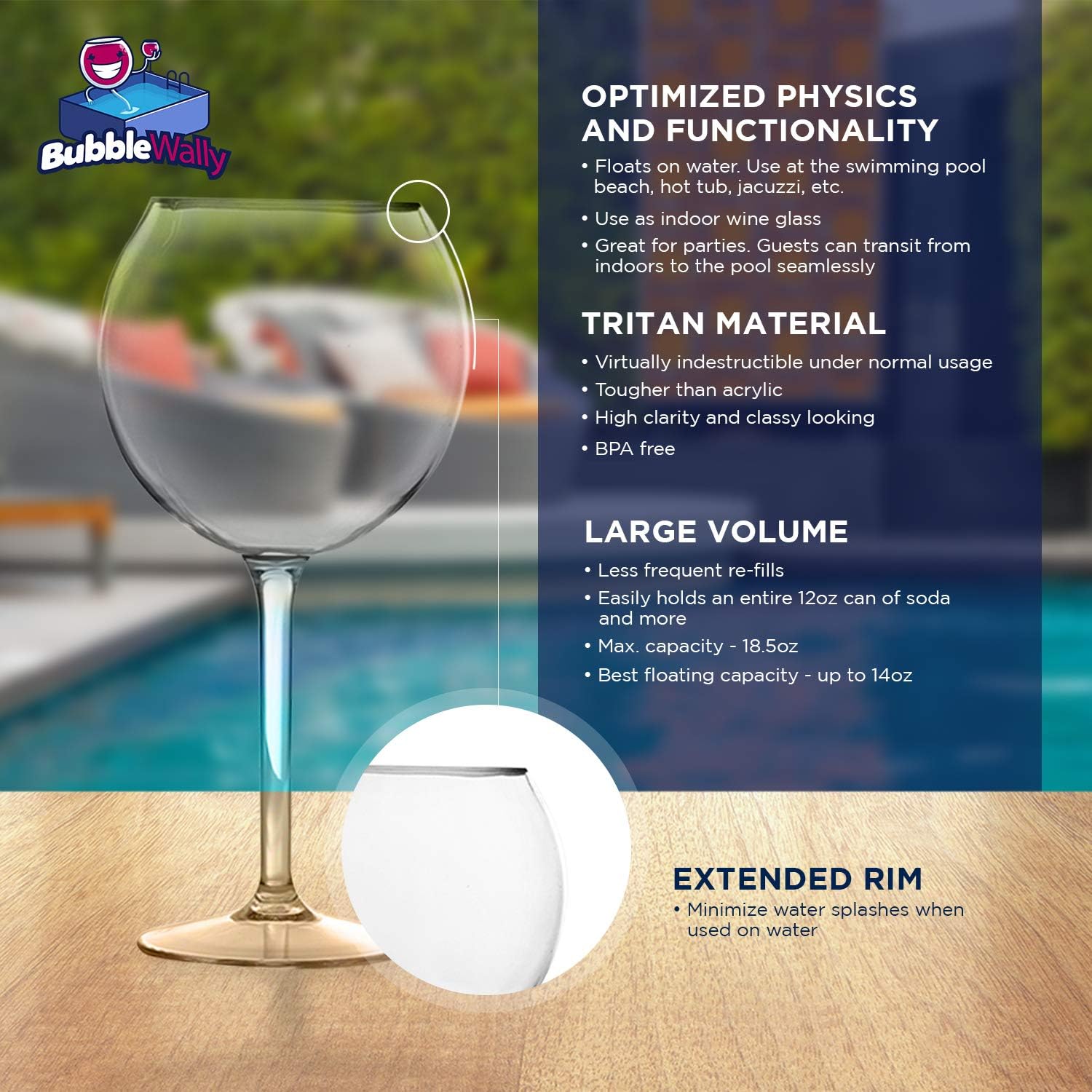 BubbleWally wine glass with stem base for stable balance near water