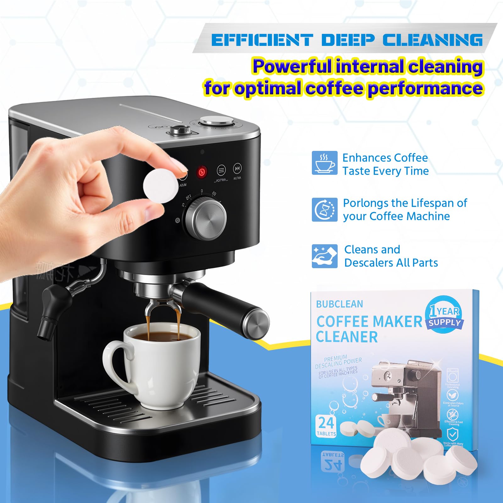 BUBCLEAN descaler tablet used during brew cycle for cleaning.