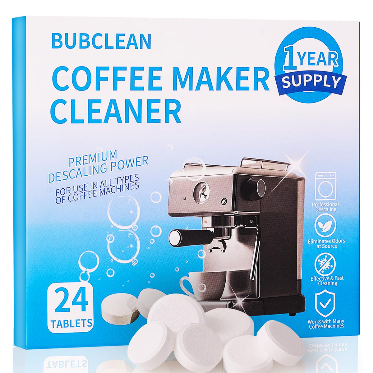 BUBCLEAN coffee maker cleaner tablets in box for easy descaling.